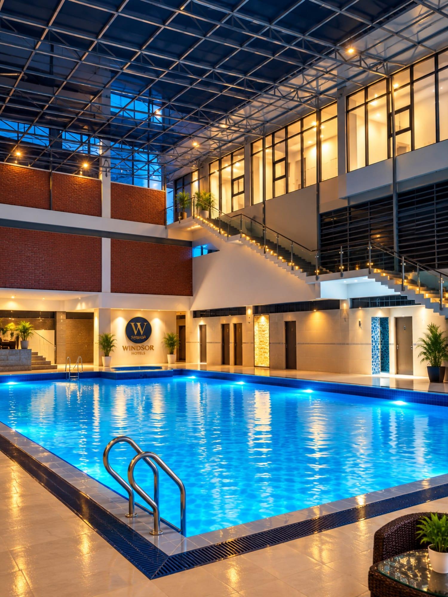 Windsor glass-roofed swimming pool at night
